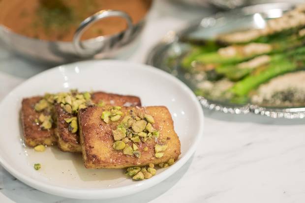 The paneer served at Calgary’s Calcutta Cricket Club is served seared, topped with crushed pistachios and a drizzle of honey, though it could use more assistance as it is fairly tasteless by nature.