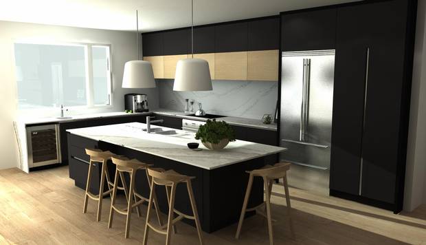 The mainfloor design of the home resembles an upside down 'L', with the kitchen, pictured here in a rendering, situated at the elbow.