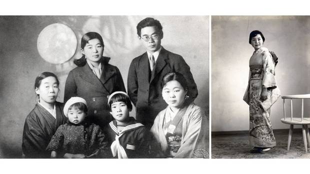 Left: The young Setsuko in a kimono in 1950, before she left Japan for the United States. Photographs like these were typically taken to assist in arranged marriages. Right: Setsuko Thurlow’s family before her immigration.