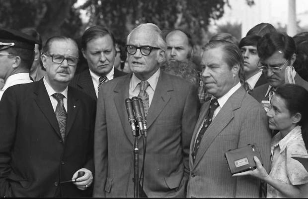 Sen. Barry Goldwater speaks to reporters after meeting with President Nixon at the White House in this Aug. 7, 1974 file photo, to discuss Nixon's decision on resigning.