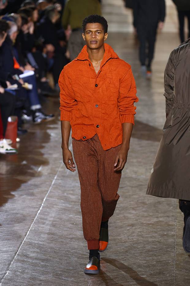 Issey Miyake embraced a tactile approach to fall’s obsession with orange through a textured sweater.