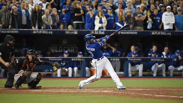 Edwin Encarnacion drives in the winning run for the Blue Jays against the Baltimore Orioles in the American League wild card game on Oct. 4, 2016.