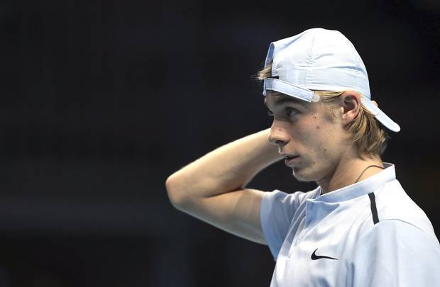 Shapovalov looks on in his match against Gianluigi Quinzi of Italy at the Next Gen ATP Finals on Nov. 8, 2017 in Milan.