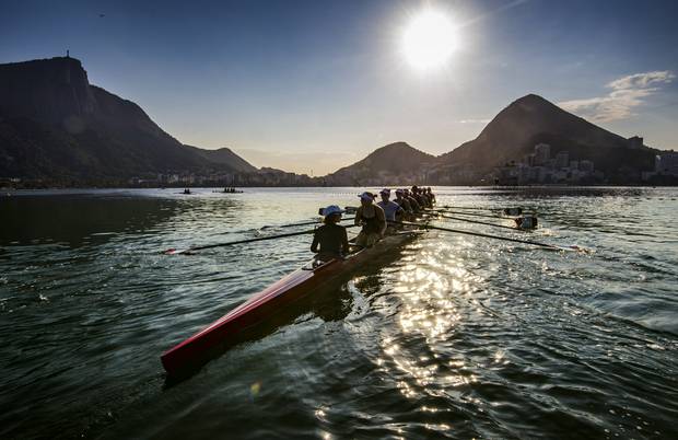 Lesley Thompson-Willie coxswain (foreground) and Canadian Women's eight during practice ahead of the 2016 Olympic games in Rio at the Lagoa Stadium August 5, 2016.