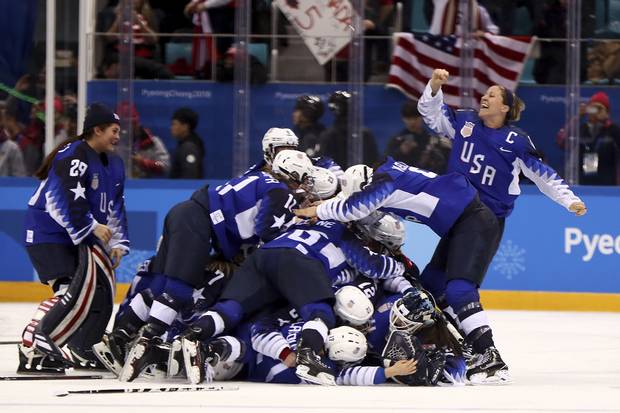 The United States celebrates after defeating Canada in a shootout to win the Women’s Gold Medal Game on day thirteen of the PyeongChang 2018 Winter Olympic Games at Gangneung Hockey Centre on February 22, 2018 in Gangneung, South Korea.