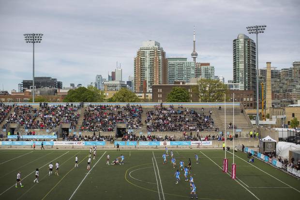 An overall view is seen as the Toronto Wolfpack play the Barrow Raiders during their Kingstone Press League 1 rugby match against at Lamport Stadium in Toronto, Sunday May 21, 2017.