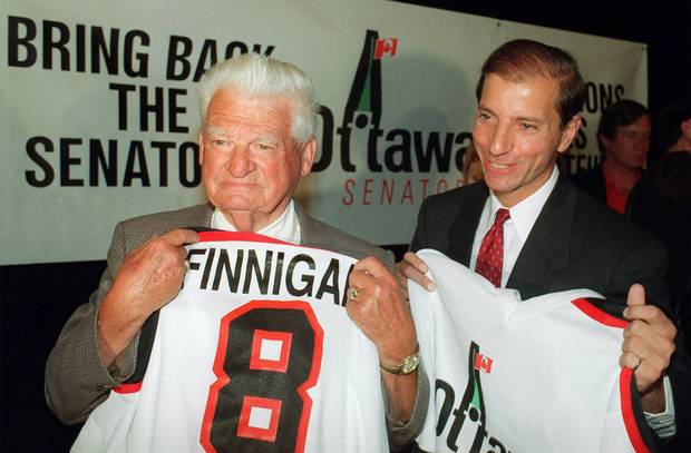 Bruce Firestone (right) is joined by Frank Finnigan, a former Ottawa Senator who scored the Stanley Cup-winning goal in 1926, at an event to promote the bid for an NHL franchise in Ottawa, in this Sept. 6, 1989 photo.