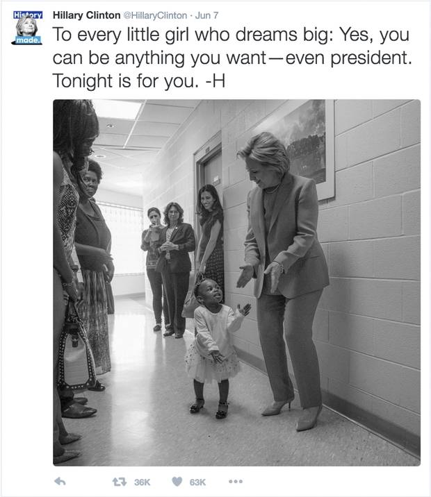 Hillary Clinton tweeted to “every little girl who dreams big” on Tuesday night after becoming the Democratic nominee for president. 