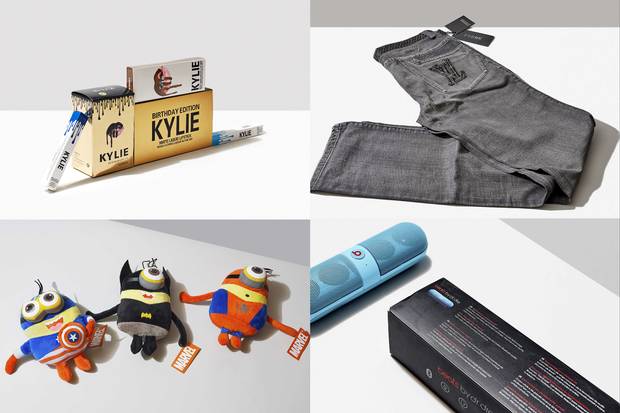 A selection of counterfeit products rounded up by Lipkus and Whalen (clockwise from top left): Kylie Cosmetics makeup that caused rashes; a pair of jeans that mixes two competing premium brands, Gucci and Louis Vuitton; a phony Beats by Dre Bluetooth speaker; and plush toys—a mashup of Disney’s Avengers and Universal’s Minions characters—with no “new material only” tags