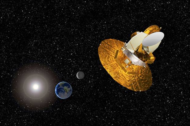 An artist’s rendering shows the WMAP satellite, launched in 2001, slingshotting around the moon to peer into the universe from beyond its orbit around the Earth.