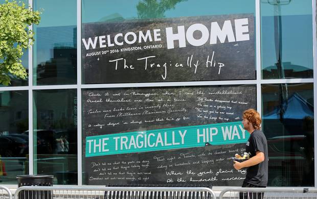 A sign at the Rogers K-Rock Centre in Kingston, Ont., on August 19, 2016, heralds the return of local heroes The Tragically Hip the day before the final show of their Man Machine Poem tour.
