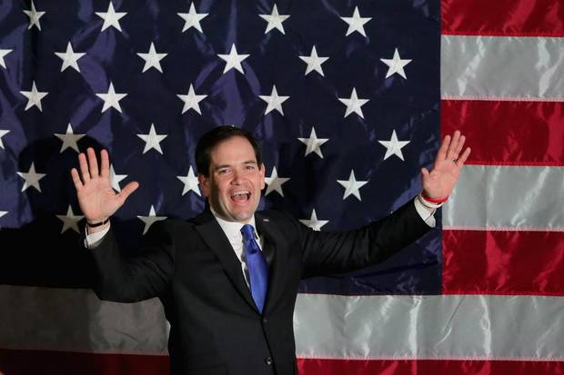 Republican presidential candidate Sen. Marco Rubio walks out on stage during a primary election night party at the Radisson hotel February 9, 2016 in Manchester, New Hampshire. After a strong third-place showing in the Iowa caucuses, Rubio was hoping to prove his presidential staying power by pulling away from the pack and moving closer to Donald Trump at the polls.