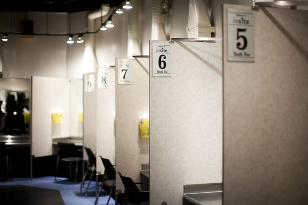 Injection stalls at Insite, the legal supervised drug injection site, in Vancouver, B.C. on Friday July 17, 2015.