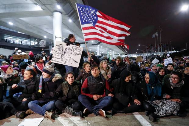 Jan. 28, 2017: People gather at Chicago’s O’Hare airport to protest against the original Trump travel ban.