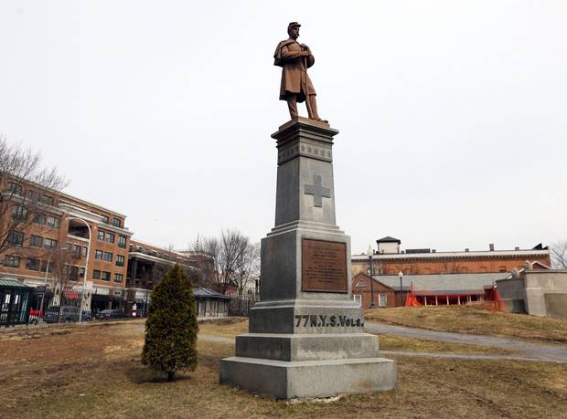 A Civil War statute is on display at Congress Park in Saratoga Springs, N.Y.