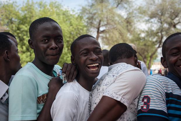 Students queue outside an examination hall at the University of Maiduguri on April 18.
