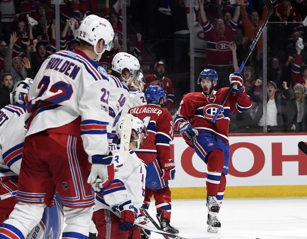Montreal Canadiens forward Paul Byron (41) reacts after scoring a goal against the New York Rangers during the first period in game two of the first round of the 2017 Stanley Cup Playoffs at the Bell Centre. Mandatory Credit: Eric Bolte-USA TODAY Sports