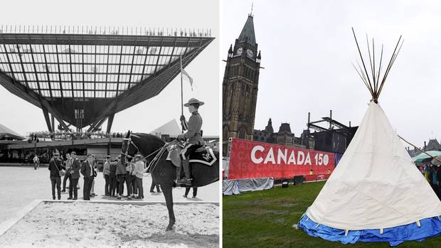 1967: A Mountie stands guard at the inverted pyramid – dubbed Katimavik, which means ‘gathering place’ in Inuktitut – at Expo 67’s Canadian pavilion. 2017: A teepee erected by Indigenous demonstrators keeps watch over Canada 150 celebrations on Parliament Hill.
