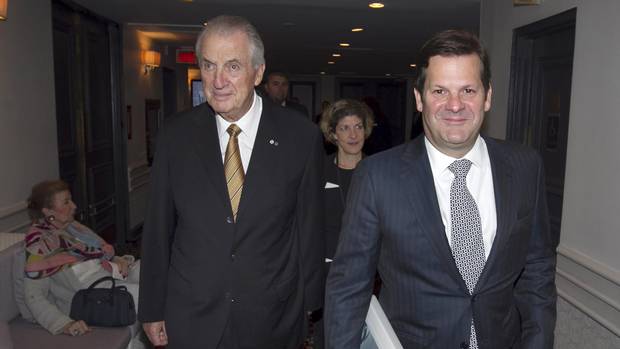 Bombardier Inc.'s Pierre Beaudoin, executive chairman of the board, and his father Laurent Beaudoin arrive for the company's annual general meeting in Montreal, May 7, 2015.