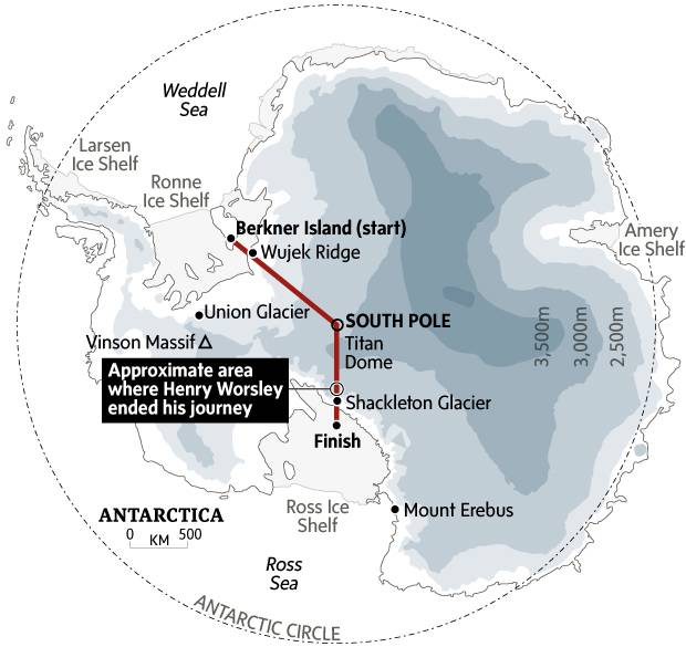 Henry Wosley's route across Antarctica.