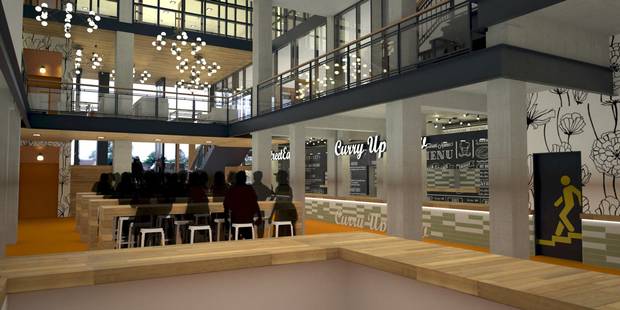 A rendering depicts part of the vision for the Edmonton YMCA, which will see the ground floor, which is currently a fitness facility and office space, transform into a street-level food hall.