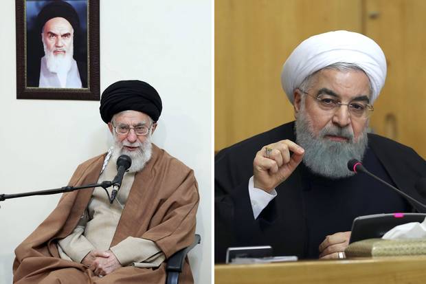 Left: Iran’s Supreme Leader Ayatollah Ali Khamenei sits under a portrait of the late Iranian revolutionary founder Ayatollah Khomeini on Jan. 2, 2018. Right: President Hassan Rouhani speaks in a cabinet meeting on Dec. 31, 2017.
