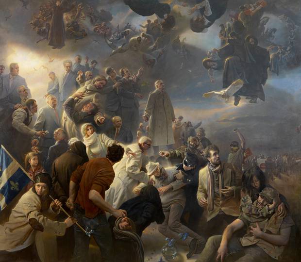 To mark the 150th anniversary of the founding of Canada, and to celebrate the role of Quebec in the shaping of the country, American artist Adam Miller was privately commissioned by Salvatore Guerrera, Montreal patron of the arts, to capture the national zeitgeist through a monumental painting.