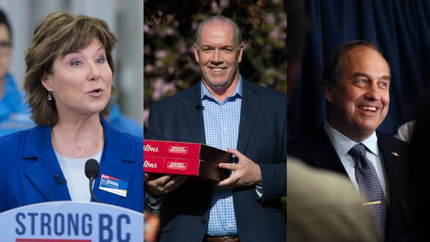 From left to right: BC Liberal Leader Christy Clark, NDP Leader John Horgan, and Green Leader Andrew Weaver.