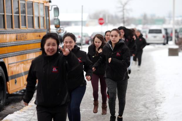 Members of the Nunavik Nordiks gather for a group jog March 24, 2017 prior to their game in Ottawa. The Inuit girl's hockey team is in Ottawa for a tournament. DAVE CHAN / THE GLOBE AND MAIL