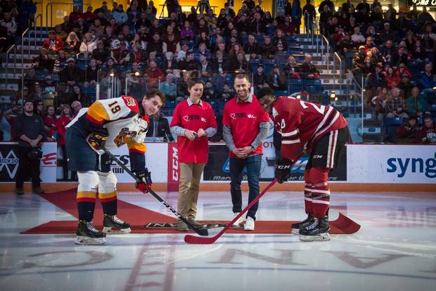 Rich Peverly drops the puck at a PEVS Protects game the Erie Otters and the Guelph Storm. 