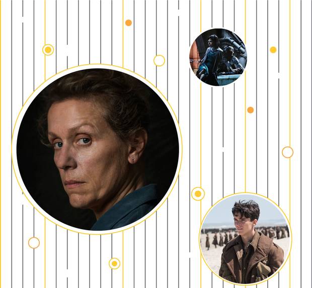 Scenes from the Oscar-nominated films Three Billboards Outside Ebbing, Missouri, The Shape of Water and Dunkirk.