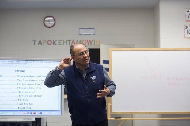 Stephen Wood teaches his Cree language class at Ermineskin Junior Senior High School in Maskwacis, Alta.