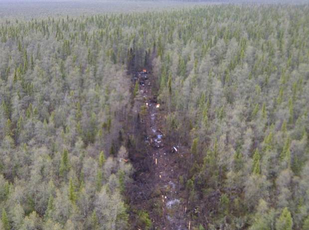 Aerial view of the Ornge helicopter accident site in Moosonee, Ontario