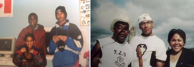 Left: Lionel’s friend Sheldon Borden, a young Chantel Desmond and Lionel Desmond as a teen at a tutoring program in Lincolnville, N.S. Right: Lionel Desmond’s father, Kenneth Jones, Lionel Desmond and his sister Diane Desmond.