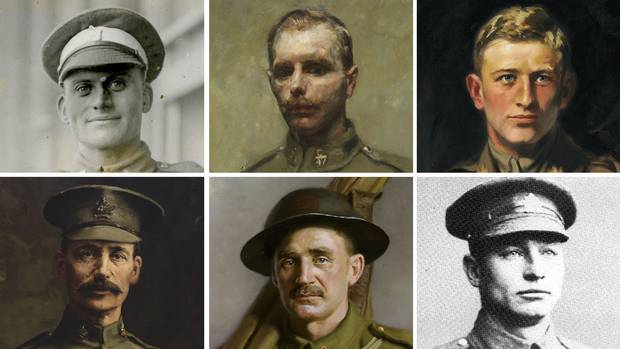 Six Canadian soldiers received the Victoria Cross for their service at the Battle of Hill 70. Clockwise from top left: Sergeant-Major Robert H. Hanna; Acting Corporal Filip Konowal; Major Okill Massey Learmonth; Private Harry W. Brown; Private Michael O’Rourke; and Sergeant Frederick Hobson.