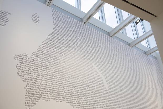 Jordan Abel's large-scale work, Cartography (12), was created in the shape of Burrard Inlet. Abel conducted Control-F searches through digital versions of old western novels to find words related to a theme. 