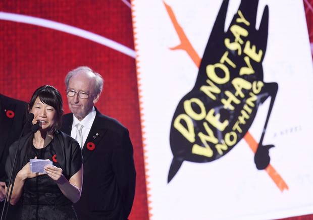 Madeleine Thien, left, gives an acceptance speech after winning the 2016 Giller Prize for her book ‘Do Not Say We Have Nothing’ as Jack Rabinovitch looks on in Toronto, Monday, Nov. 7, 2016.
