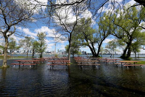 Flooded picnic area and grass fields on Olympic Island.