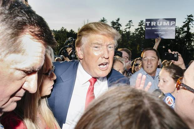 Donald Trump greets supporters in Laconia, New Hampshire in July, 2015. The Trump campaign trail experience involves simmering crowds, rambling speeches – and an empty promise.