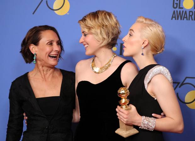 Many stars opted to wear black at the Golden Globes in support of the #TimesUp movement at the 75th Golden Globes. Shown here, from left, Laurie Metcalf, Greta Gerwig and Saoirse Ronan of Lady Bird.