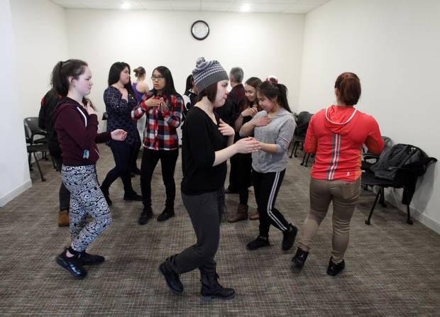 Members of the Nunavik Nordiks takes part in a team bonding exercise at their hotel March 25, 2017 in Ottawa. The Inuit girl's hockey team is in Ottawa for a tournament. DAVE CHAN / THE GLOBE AND MAIL