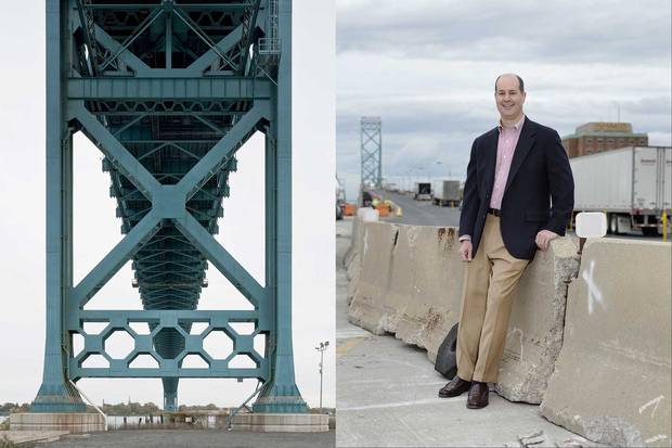(Left) Under the Detroit side of the Ambassador Bridge. (Right) Matthew Moroun, Matty's heir apparent, thanked Prime Minister Trudeau after the Canadian government granted a permit for the new bridge