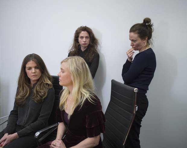 From left: Actors Diana Bentley, Kristin Booth (front), Hannah Miller and Patricia Fagan, attend a press conference at law firm Levitt LLP on Jan. 4, 2018. The actors spoke about their claims of sexual misconduct and harassment against Albert Schultz and the Soulpepper Theatre Company.