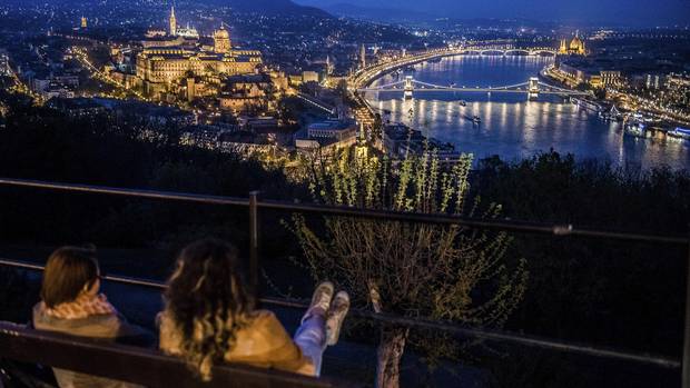 A panoramic view from Gellert Hill of Margaret Bridge in Budapest, Hungary.