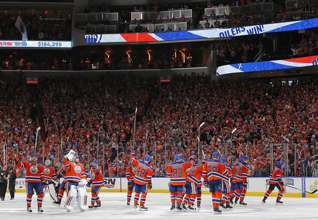 Apr 14, 2017; Edmonton, Alberta, CAN;The Edmonton Oilers celebrate 2-0 win over the San Jose Sharks in game two of the first round of the 2017 Stanley Cup Playoffs at Rogers Place.
