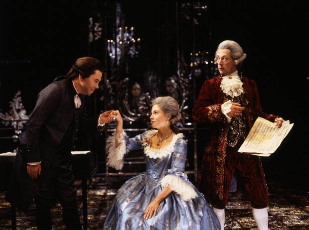 Brian Bedford as Salieri, Megan Follows as Constanze Weber and Stephen Ouimette as Mozart in Amadeus (1995).