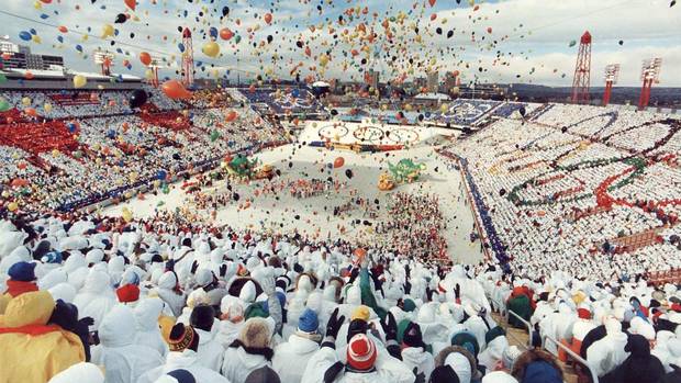 Thousands of balloons are released during the opening ceremonies of the Winter Olympics in Calgary's McMahon Stadium on Feb. 13, 1988.