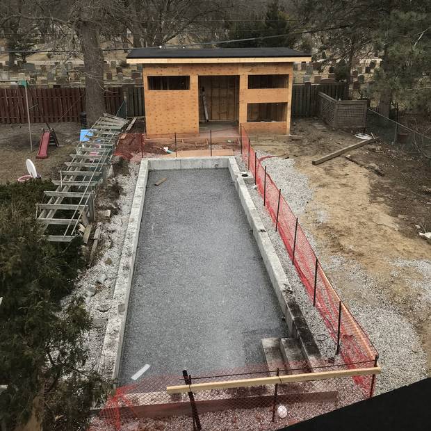 Construction continues on the new Etobicoke home of Shawn Thomas and Tory Crowder. Landscaping at the rear will centre around a new pool.