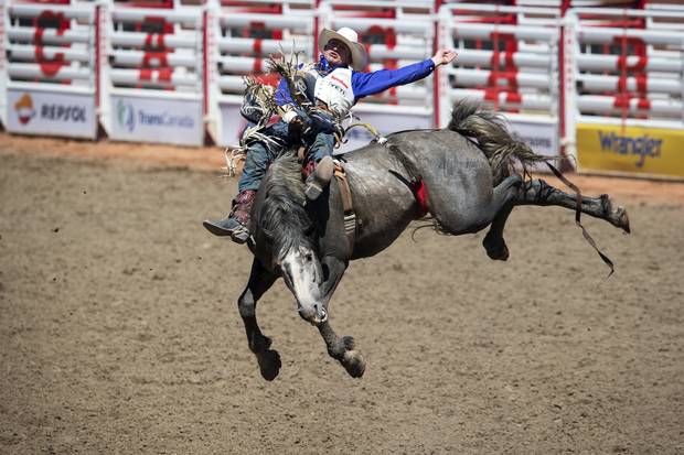 Steven Peebles rides Ultimately Wolf in the bareback event during the rodeo at the Calgary Stampede.