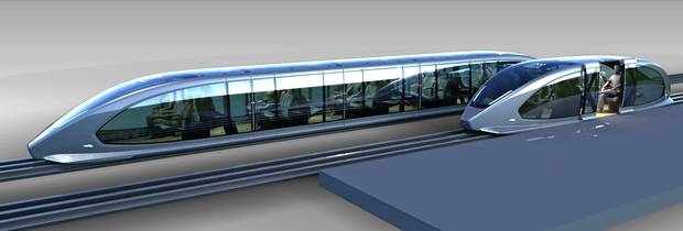 An artist’s rendering of a group rapid transit vehicle beside a personal express vehicle. Group Rapid Transit vehicles hold 50 passengers; smaller personal express vehicles hold 4-6 passengers.